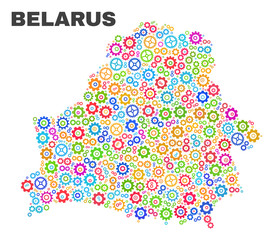 Mosaic technical Belarus map isolated on a white background. Vector geographic abstraction in different colors. Mosaic of Belarus map combined of scattered multi-colored gear elements.