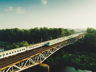 Train on bridge Warsaw city day 