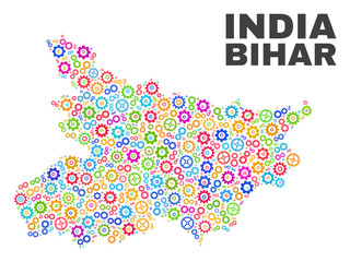 Mosaic technical Bihar State map isolated on a white background. Vector geographic abstraction in different colors. Mosaic of Bihar State map combined of random multi-colored gear items.