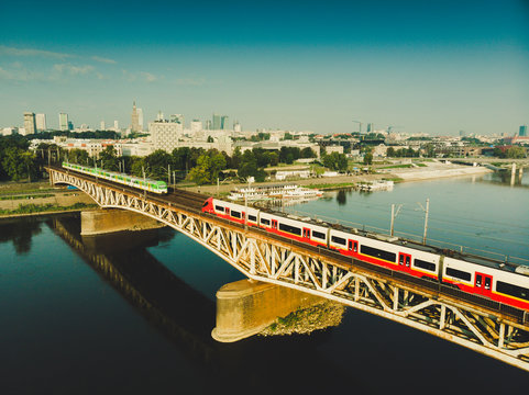 Train on bridge Warsaw city day 