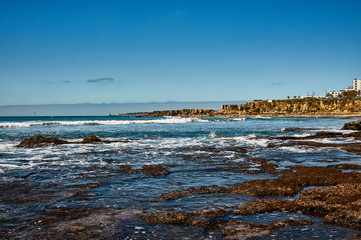  Sao Pedro beach panorama wide shot in sunny day. Lisbon, Portugal