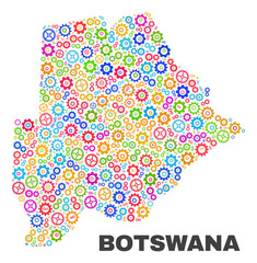 Mosaic technical Botswana map isolated on a white background. Vector geographic abstraction in different colors. Mosaic of Botswana map combined of random multi-colored cogwheel items.