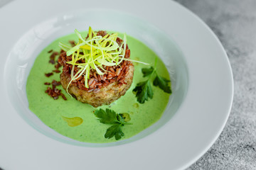 Meat dish with rice, onions slices, greens and sauce