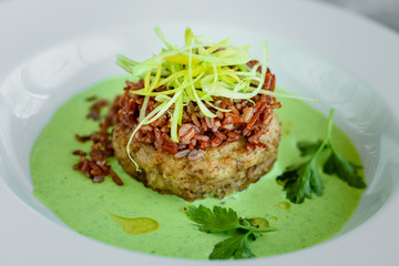 Meat dish with rice, onions slices, greens and sauce