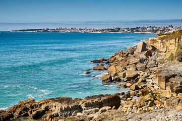  Sao Pedro beach panorama wide shot in sunny day. Lisbon, Portugal