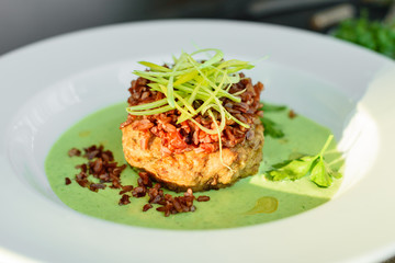 Meat dish with rice, onions slices, greens and sauce
