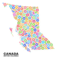 Mosaic technical British Columbia map isolated on a white background. Vector geographic abstraction in different colors. Mosaic of British Columbia map combined of random multi-colored wheel items.