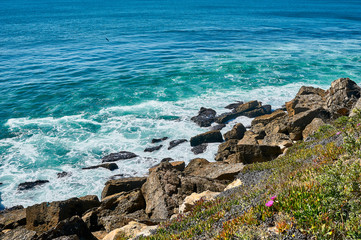  Sao Pedro beach panorama wide shot in sunny day. Lisbon, Portugal