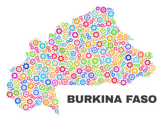 Mosaic technical Burkina Faso map isolated on a white background. Vector geographic abstraction in different colors. Mosaic of Burkina Faso map combined of scattered multi-colored gear elements.