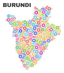 Mosaic technical Burundi map isolated on a white background. Vector geographic abstraction in different colors. Mosaic of Burundi map combined of random multi-colored cog items.