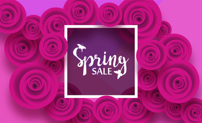 Spring card with flowers purple rose and shadows, for discounts, sales, promotions. The inscription in square frame. Butterflies.