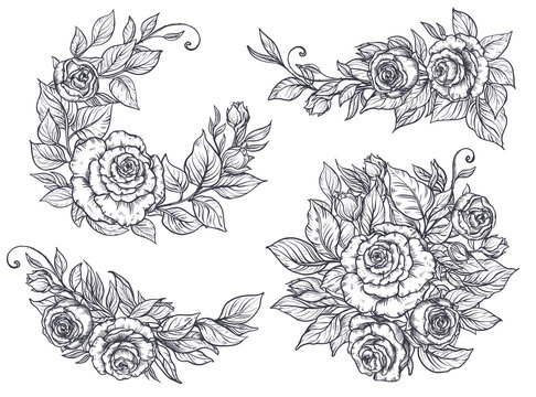 Collection of four elegant hand drawn graphic bouquets with rose flowers and leaves.