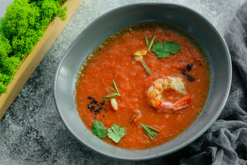 Gazpacho with prawns. Close up of a spanish cold vegetable soup gazpacho