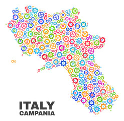 Mosaic technical Campania region map isolated on a white background. Vector geographic abstraction in different colors. Mosaic of Campania region map combined of scattered colorful gear elements.