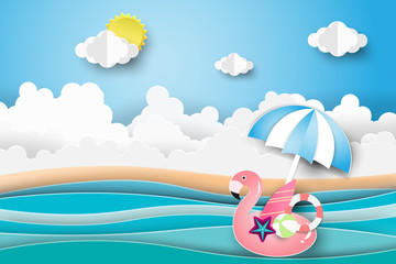 Flamingo Boat on the ocean landscape with ocean view on clear sunset sky,Summer concept.Paper art style.