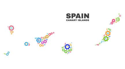 Mosaic technical Canary Islands map isolated on a white background. Vector geographic abstraction in different colors. Mosaic of Canary Islands map combined of scattered bright cog elements.