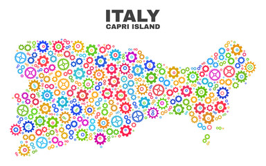 Mosaic technical Capri Island map isolated on a white background. Vector geographic abstraction in different colors. Mosaic of Capri Island map combined of scattered multi-colored cog elements.