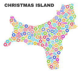 Mosaic technical Christmas Island map isolated on a white background. Vector geographic abstraction in different colors. Mosaic of Christmas Island map designed from random multi-colored wheel items.