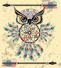 Hand drawn dreamcatcher with an owl, feathers and all seeing eyes. Indian talisman in boho style. American ethnic symbol. Shamanism, religion, occultism.