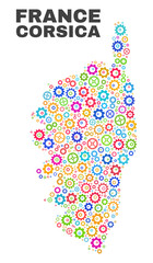 Mosaic technical Corsica map isolated on a white background. Vector geographic abstraction in different colors. Mosaic of Corsica map combined of random multi-colored wheel elements.