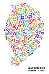 Mosaic technical Corvo Island map isolated on a white background. Vector geographic abstraction in different colors. Mosaic of Corvo Island map combined of scattered multi-colored wheel elements.