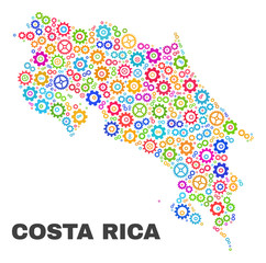 Obraz premium Mosaic technical Costa Rica map isolated on a white background. Vector geographic abstraction in different colors. Mosaic of Costa Rica map combined of scattered multi-colored gear items.