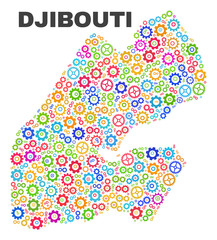 Mosaic technical Djibouti map isolated on a white background. Vector geographic abstraction in different colors. Mosaic of Djibouti map combined of random multi-colored cog items.