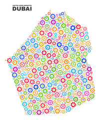 Mosaic technical Dubai Emirate map isolated on a white background. Vector geographic abstraction in different colors. Mosaic of Dubai Emirate map composed from scattered multi-colored cogwheel items.
