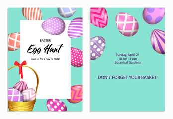 Easter Egg Hunt lettering in frame with decorated eggs. Easter invitation. Handwritten and typed text, calligraphy. For leaflets, brochures, invitations, posters or banners.