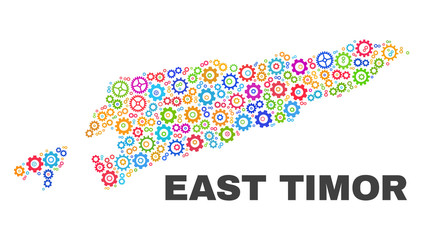 Obraz premium Mosaic technical East Timor map isolated on a white background. Vector geographic abstraction in different colors. Mosaic of East Timor map combined of scattered multi-colored wheel items.