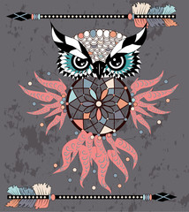 Indian decorative Dream Catcher owl in graphic style. illustration.
