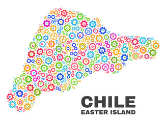 Mosaic technical Easter Island map isolated on a white background. Vector geographic abstraction in different colors. Mosaic of Easter Island map combined of scattered multi-colored wheel items.