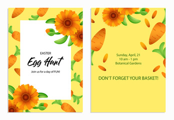 Easter Egg Hunt lettering in frame with flowers and carrots. Easter invitation. Handwritten and typed text, calligraphy. For leaflets, brochures, invitations, posters or banners.
