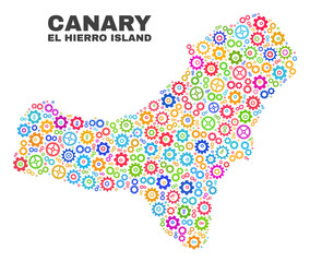 Mosaic technical El Hierro Island map isolated on a white background. Vector geographic abstraction in different colors. Mosaic of El Hierro Island map composed from random multi-colored gear items.