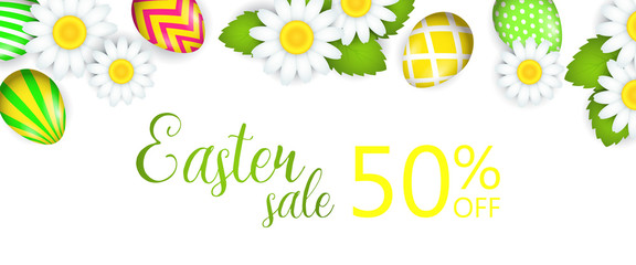 Easter sale lettering with flowers and decorated eggs. Easter offer design. Handwritten text, calligraphy. For leaflets, brochures, invitations, posters or banners.