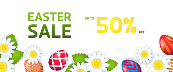 Easter sale lettering with flowers and painted eggs. Easter offer design. Typed text, calligraphy. For leaflets, brochures, invitations, posters or banners.