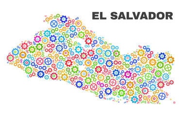 Mosaic technical El Salvador map isolated on a white background. Vector geographic abstraction in different colors. Mosaic of El Salvador map combined of scattered multi-colored cog items.