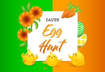 Egg Hunt lettering with chicks, flowers and eggs. Easter invitation. Handwritten text, calligraphy. For leaflets, brochures, invitations, posters or banners.