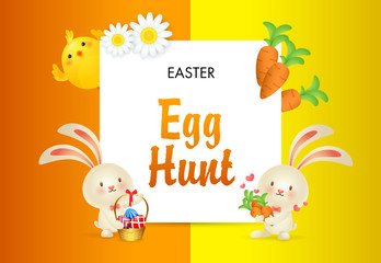 Egg Hunt lettering with cute bunnies, carrots and chicks. Easter invitation. Handwritten text, calligraphy. For leaflets, brochures, invitations, posters or banners.
