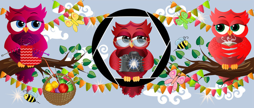 Colorful banner, sticker with three bright owls with knitting, coffee, camera on branches with flowers, flags, holiday, postcard, cartoon style