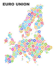 Mosaic technical Euro Union map isolated on a white background. Vector geographic abstraction in different colors. Mosaic of Euro Union map combined of scattered multi-colored wheel elements.