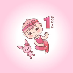 Little baby girl with pink bow and toy bunny. Stages of child development in the first year of life. The first month of a baby girl. Vector Illustration isolated on pink background
