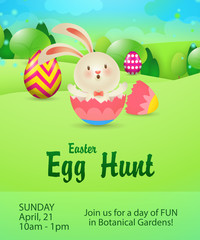 Egg Hunt lettering with rabbit in egg shell. Easter invitation. Handwritten text, calligraphy. For leaflets, brochures, invitations, posters or banners.