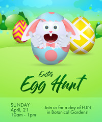 Egg Hunt lettering with rabbit inside cracked egg shell. Easter invitation. Handwritten text, calligraphy. For leaflets, brochures, invitations, posters or banners.