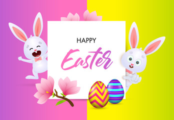 Happy Easter lettering with rabbits, flowers and eggs. Easter greeting card. Handwritten text, calligraphy. For leaflets, brochures, invitations, posters or banners.