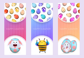 Happy Easter letterings set with bunnies inside eggs and bee. Easter greeting cards set. Typed text, calligraphy. For leaflets, brochures, invitations, posters or banners.