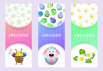 Happy Easter letterings set with rabbit, egg and bee. Easter greeting cards set. Typed text, calligraphy. For leaflets, brochures, invitations, posters or banners.