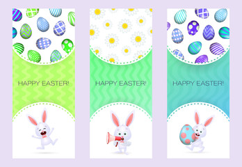 Happy Easter letterings set, bunnies, megaphone and eggs. Easter greeting cards set. Typed text, calligraphy. For leaflets, brochures, invitations, posters or banners.