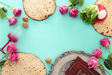 Pesah celebration concept (jewish Passover holiday). Top view, Flat lay