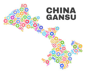 Mosaic technical Gansu Province map isolated on a white background. Vector geographic abstraction in different colors. Mosaic of Gansu Province map combined of random multi-colored cog elements.